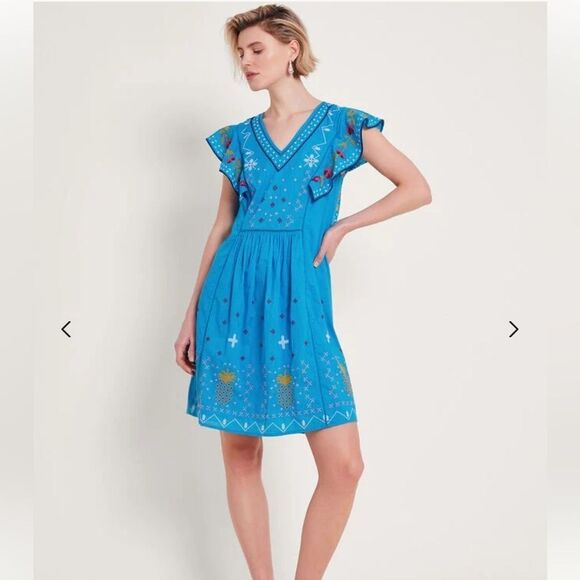 Monsoon Prue Embroidered Mini Dress  Blue Lined 100% Cotton Ruffle Sz Small - Picture 1 of 15